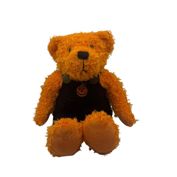 Vintage Halloween Orange Teddy Bear In Black Overalls With Pumpkin Design Plush - Picture 1 of 3